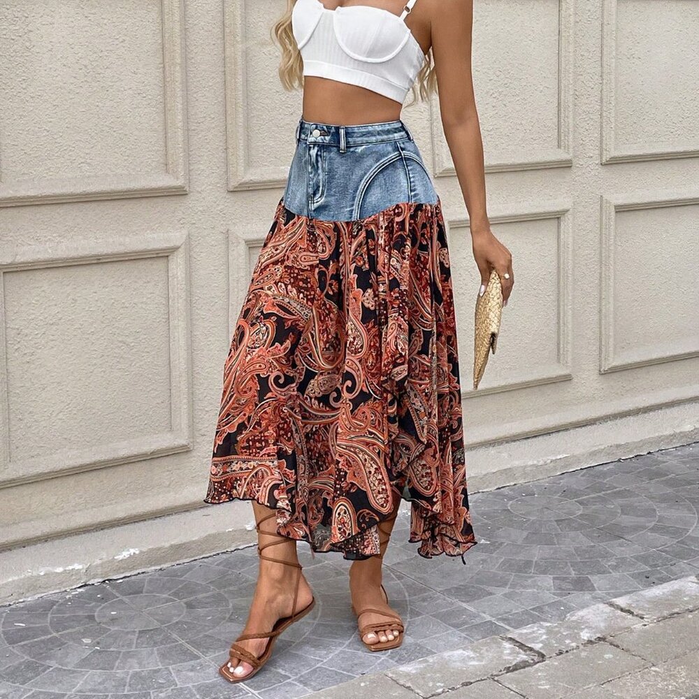 Medium Wash Boho Women's Denim Mid-Length Skirt - Picture 5 of 7